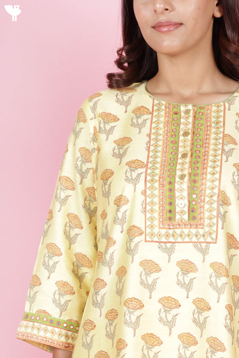 Tussar Cotton Kurta Pant And Dupatta Set In Floral Block Print